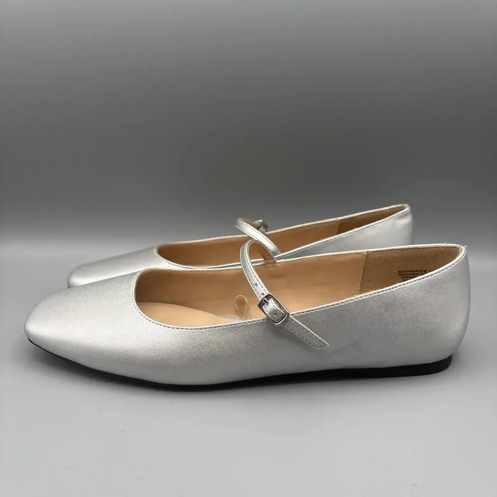 LOFT Ballet Flats Size 9 Silver Mary Jane Shoes Square Toe Wedding Glam Fairy